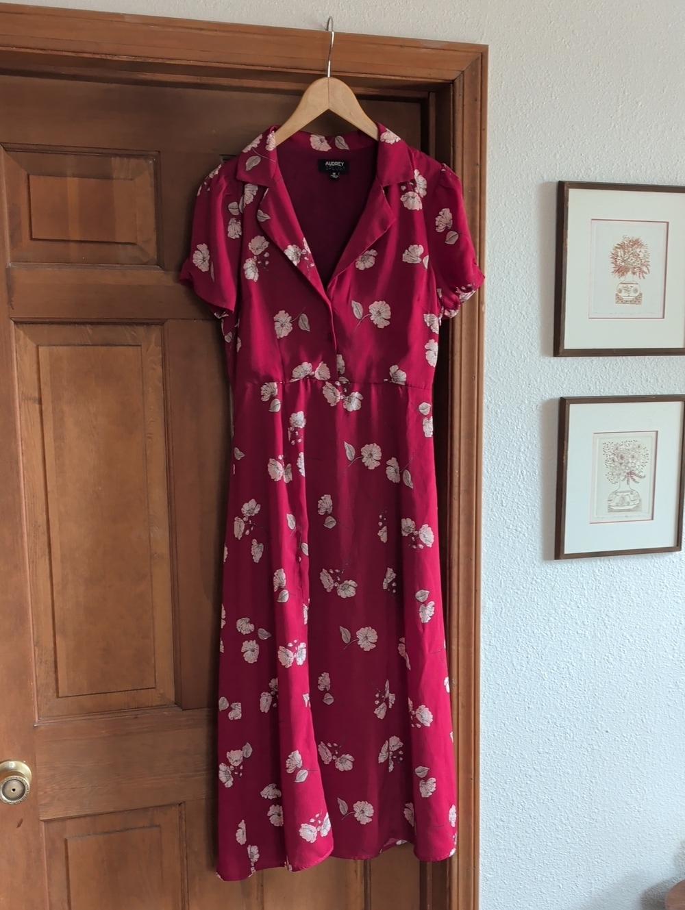 90s Vintage Style Raspberry Floral Button-Front Midi Dress